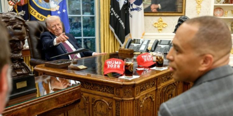 Trump taunts Democrat leaders with ‘Trump 2028’ hats in Oval Office as shutdown approaches